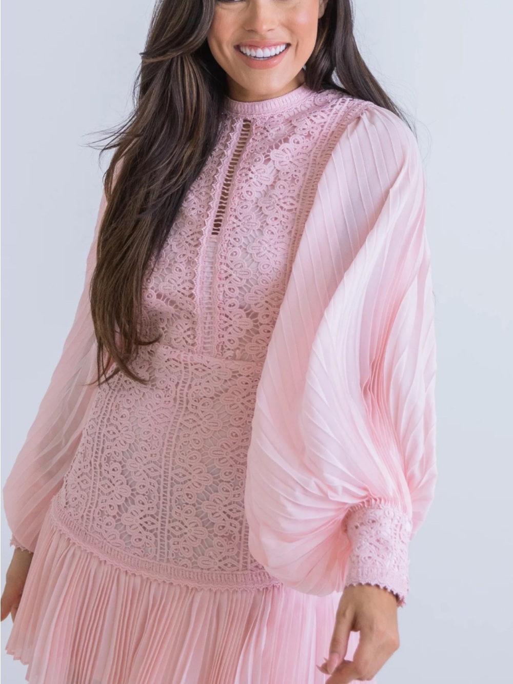 Karlie Blush Pink Lace & Pleated Balloon Sleeve Tunic